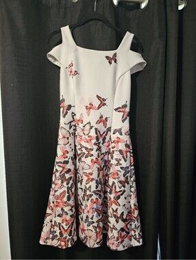DKNY White Butterfly Print Off-Shoulder Fit-and-Flare Dress